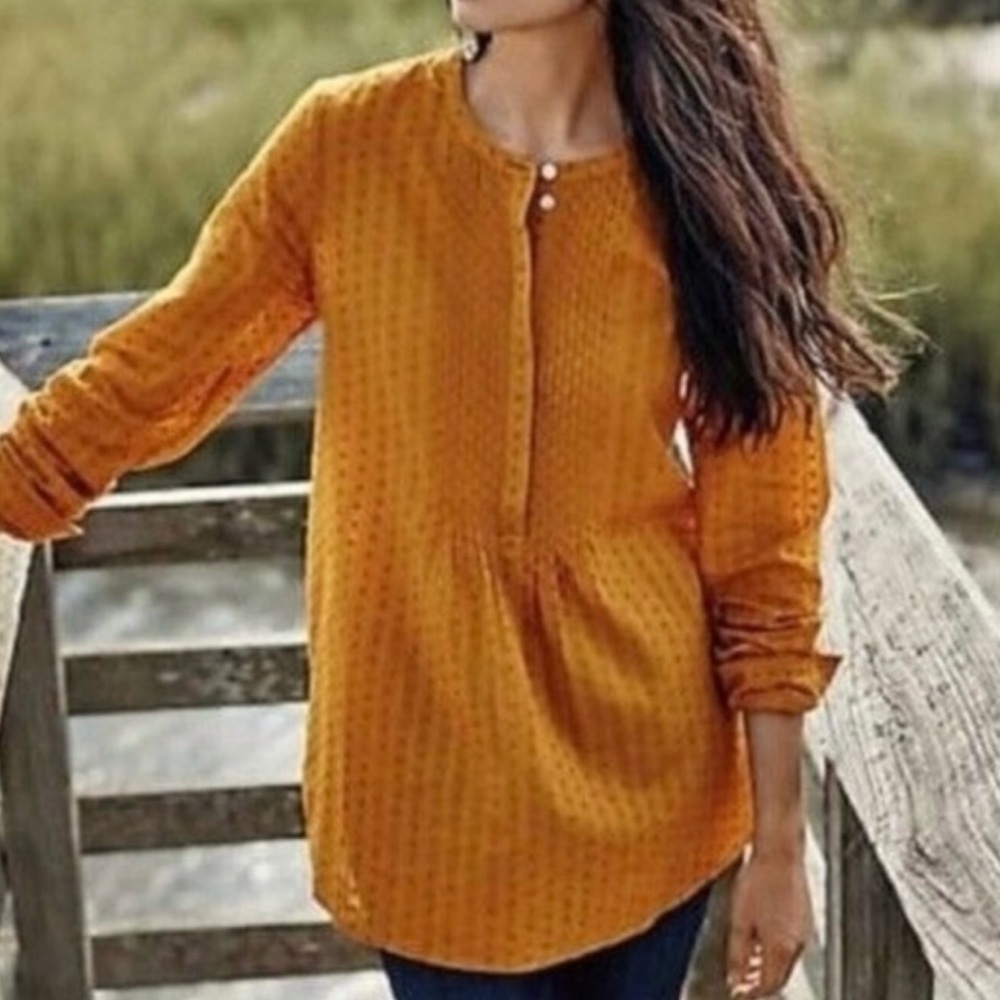 J. Jill Womens Swiss Dot Popover Peasant Boho Tunic Mustard Yellow Blouse Size S